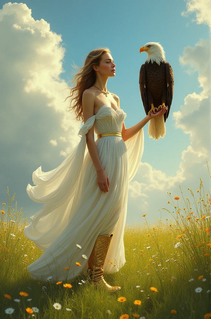 A beautiful work of art of a woman in a white dress wearing golden boots in a field holding a majestic eagle on her arm