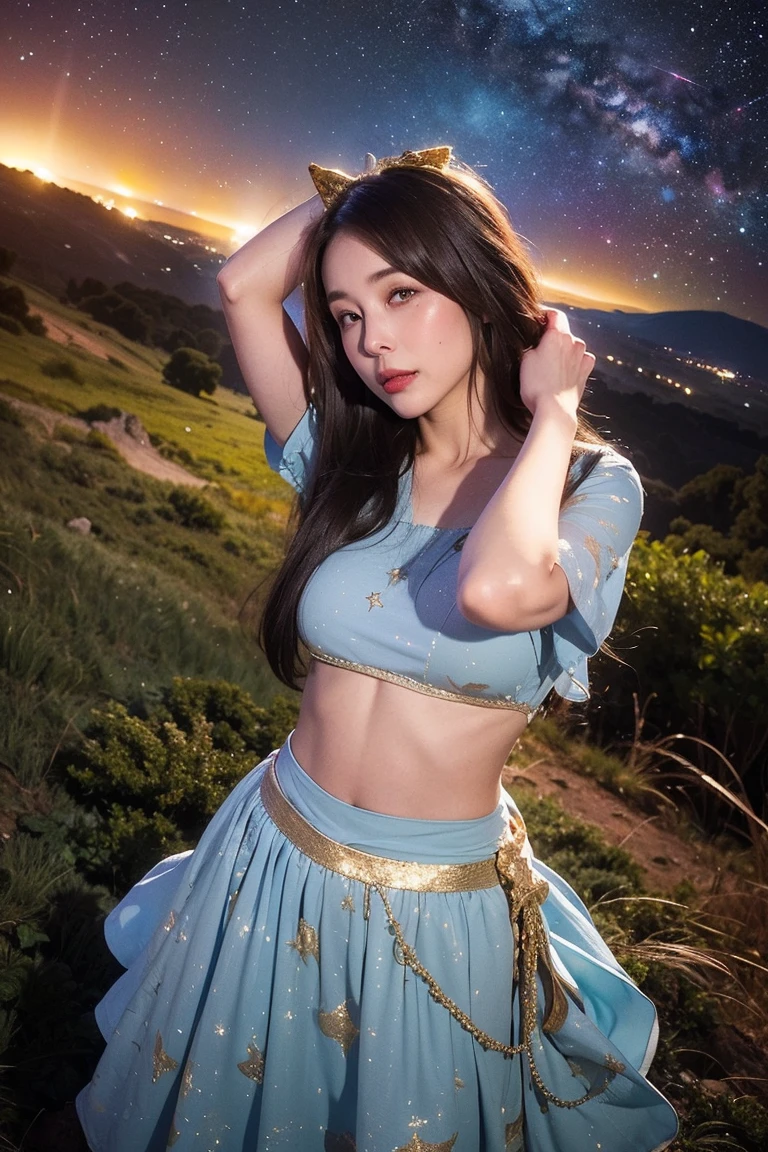 Highest quality, masterpiece, Realistic, High resolution, 8K RAW Photos, 1 person, Browsing Caution、Medium Long Hair、Star-decorated headband、((Glamour body:1.3))、(Blue casual dress with space and star print、Gold border)、(((Cheeky Pose)))、(Hill where you can see the night sky)、(UFO in the starry sky:1.2）