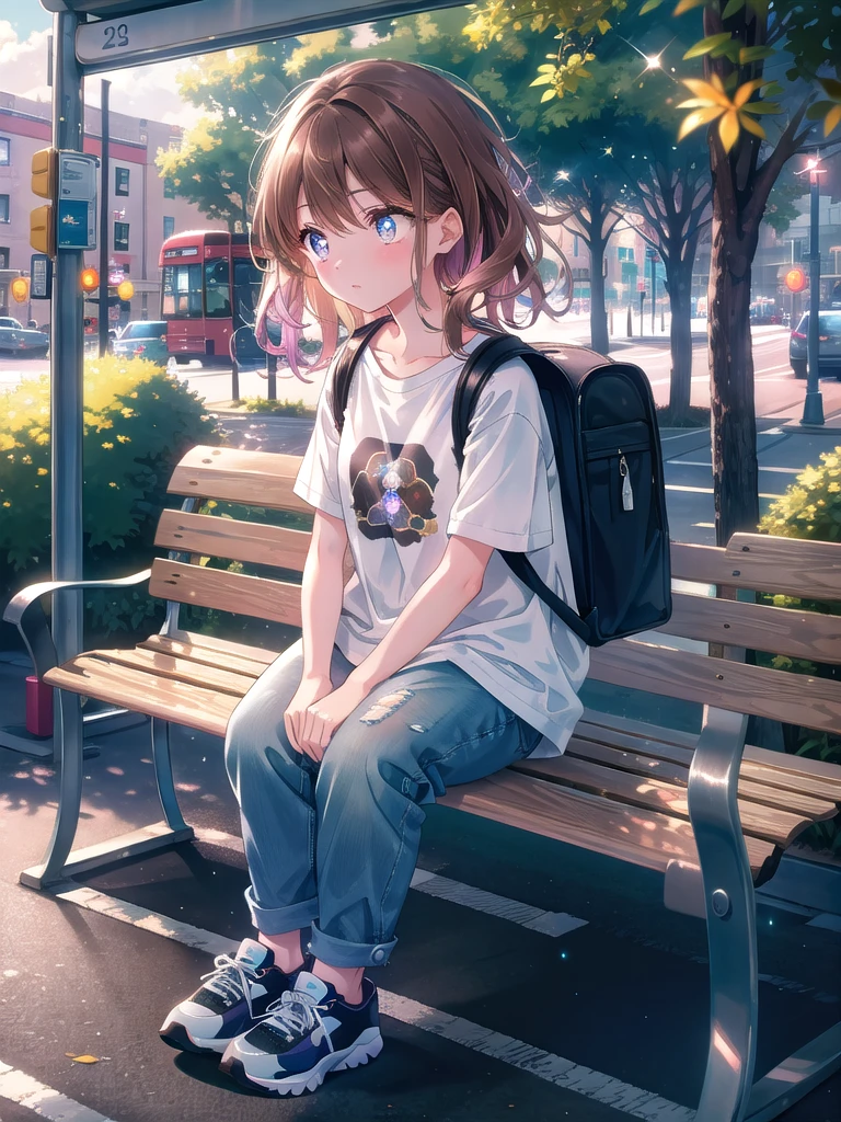 ((8k, Highest quality, masterpiece: 1.3)),Ultra-high resolution,(1 girl, alone), (Color changing eyes, Ultra-detailed, Expressive brilliance, Glitter, Glowing Eyes), Highly detailed eyes, Highly detailed face, Random Hair, ((pastel colour))A young girl with wavy, dark brown hair stands at a bus stop, her backpack slung over one shoulder. She’s wearing a casual outfit—jeans, a T-shirt, and a light jacket, with sneakers on her feet. Her expression is one of calm patience as she waits for the bus, her eyes occasionally glancing down the street. The bus stop is located on a quiet street, with a few trees lining the sidewalk and a bench nearby. The sky is clear, with a few clouds drifting by, and the sun is shining brightly, casting a warm light on her. She adjusts her backpack, shifting her weight slightly as she waits.