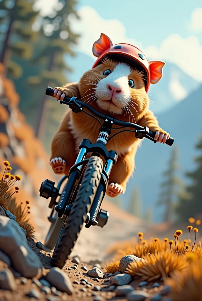 Design a guinea pig riding a dual-suspension mountain bike and crouching with a helmet, the helmet that is shaped like a pig&#39;s head,    and that is going down a slope, close-up view