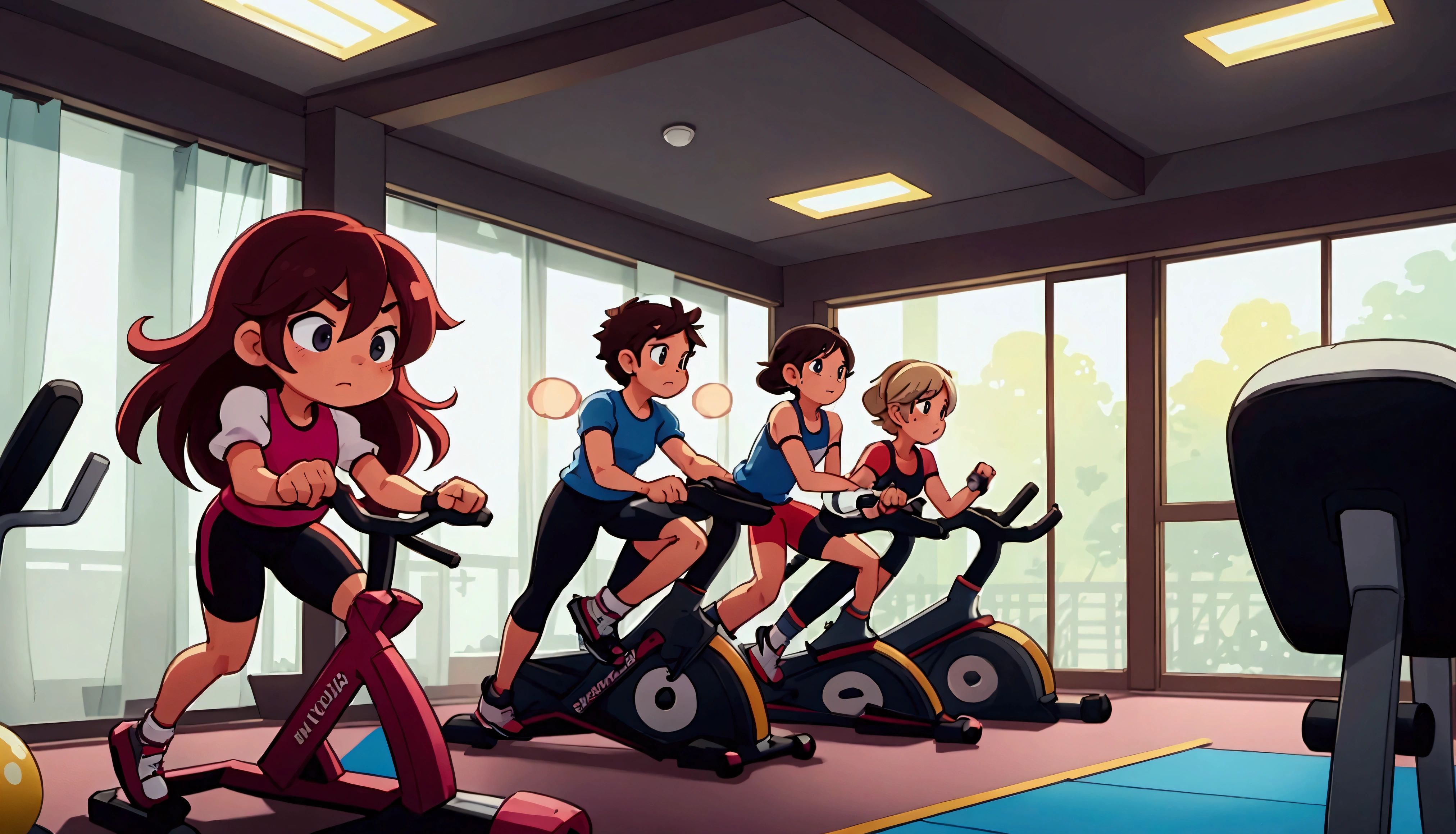 Cartoon Style,background a gym, hedonic treadmill, healthy, Plenty of light, Natural soft lighting,there are many people on exercise bikes in a 健身房,