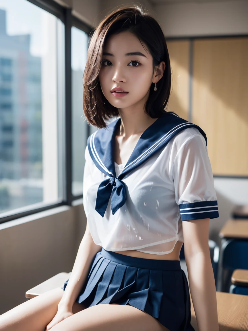 masterpiece:1.2, Very detailed, Ultra-high resolution, Realistic, photo Realistic:1.6, High-resolution RAW color photos, Professional photos, Sharp focus:1.2, Very detailed顔と肌の質感, Very beautiful eyes, Glossのある肌, Glowing Skin, Glowing Skin, Shining Face, Gloss, Oily skin, greasy face, Oily skin, greasy face,, real Glossのある肌 texture, Perfect Anatomy, Very detailed背景,(High school classroom at night),1 female,25-year-old woman, Japanese women,height: 168cm,short hair, Straight hair, bangs, Brown Hair,((Flat Chest:1.6)),Slender legs, (See-through white short-sleeved sailor suit、Navy blue pleated mini skirt:1.5、Sexy T-panties under skirt:1.6),((A sailor uniform that was wet from the rain and very transparent:1.5)),Earrings,(Sit on a desk)