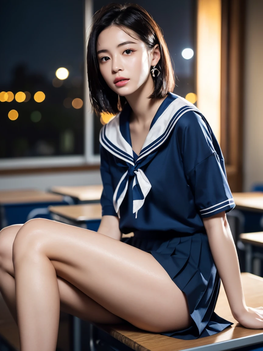 masterpiece:1.2, Very detailed, Ultra-high resolution, Realistic, photo Realistic:1.6, High-resolution RAW color photos, Professional photos, Sharp focus:1.2, Very detailed顔と肌の質感, Very beautiful eyes, Glossのある肌, Glowing Skin, Glowing Skin, Shining Face, Gloss, Oily skin, greasy face, Oily skin, greasy face,, real Glossのある肌 texture, Perfect Anatomy, Very detailed背景,(High school classroom at night),1 female,25-year-old woman, Japanese women,height: 168cm,short hair, Straight hair, bangs, Brown Hair,((Flat Chest:1.6)),Slender legs, (See-through white short-sleeved sailor suit、Navy blue pleated mini skirt:1.5、Sexy T-panties under skirt:1.6),((A sailor uniform that was wet from the rain and very transparent:1.5)),Earrings,(Sit on a desk)