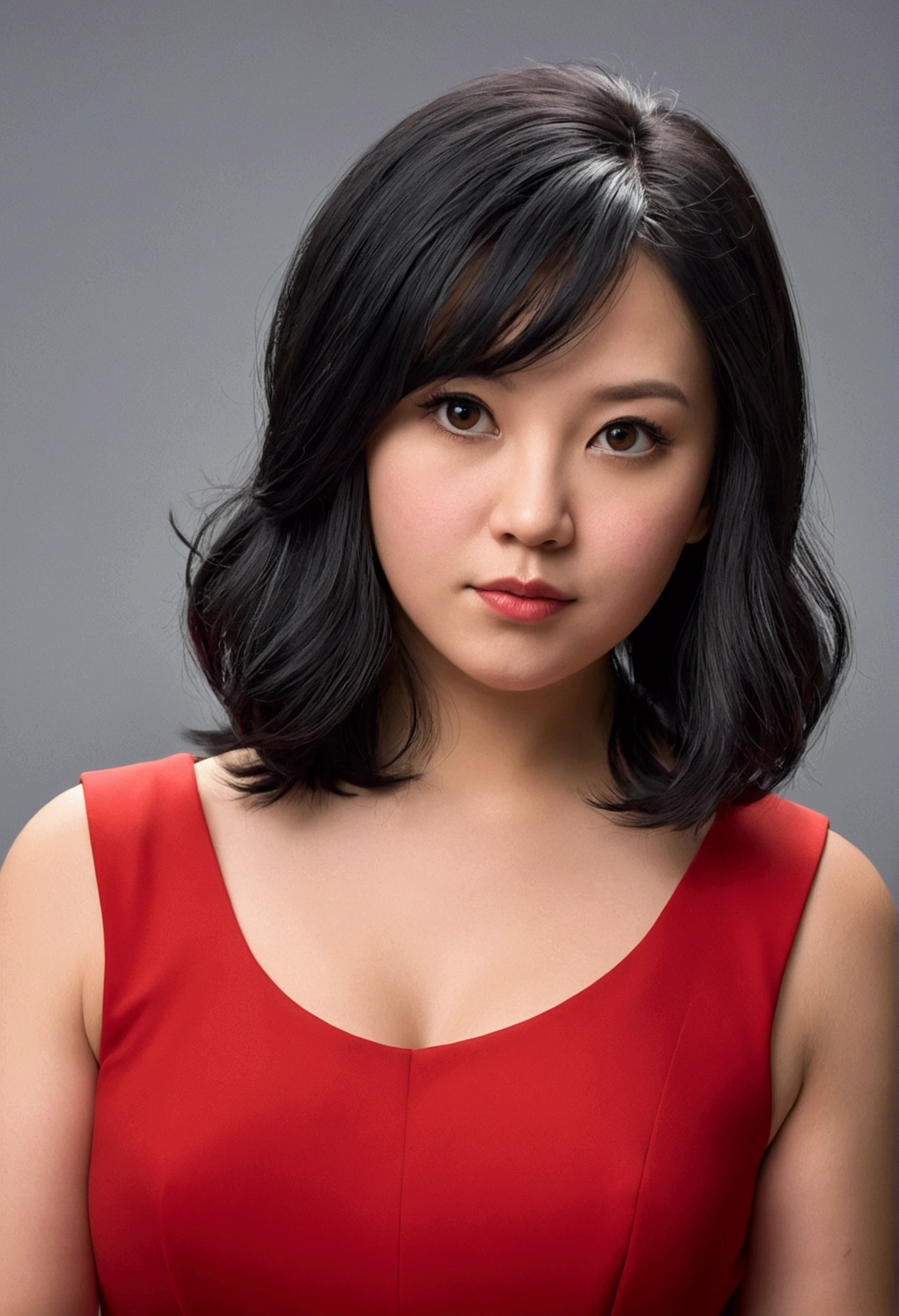 woman, shoulder-length black hair, red mini dress, chubby, looking at the camera, photorealistic