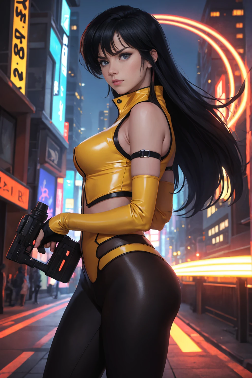 (best quality,ultra-detailed,portrait:1.2),vibrant colors,Yuri from The Dirty Pair,fierce expression,beautiful detailed eyes,arrogant smile,black hair,tight small yellow leather suit with red trim,standing in a futuristic city,holding a high-tech laser gun,glowing neon lights,shadowy alleyways and skyscrapers in the background,sharp and dynamic lighting,gritty atmosphere.