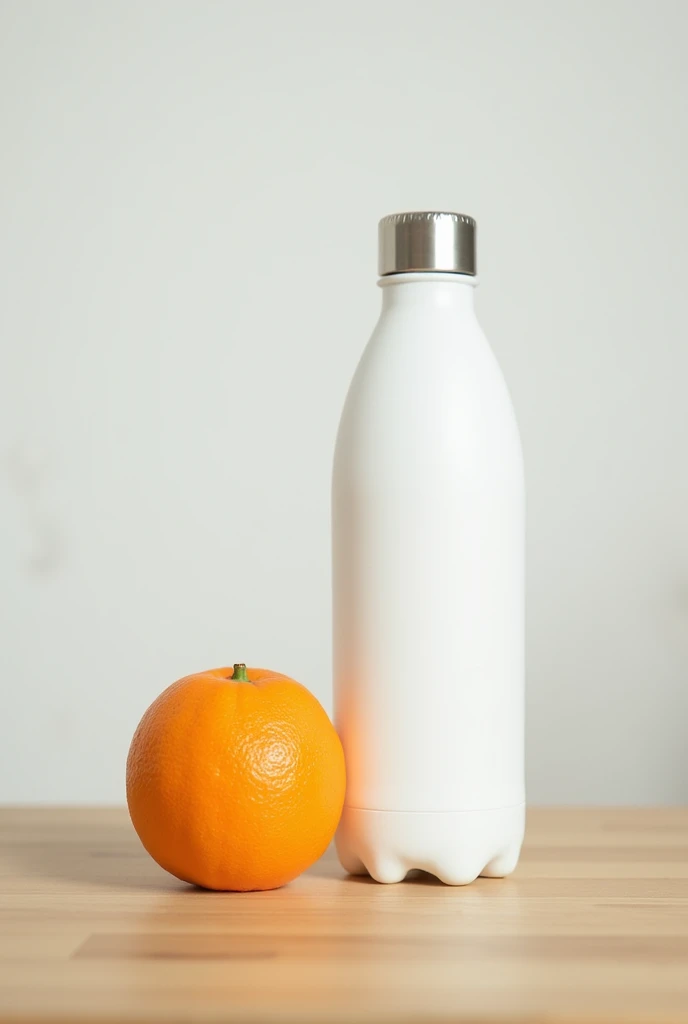 A still life of a single orange and a plastic water bottle behind it, with a white wall in the background, on a light wooden table, that it looks like a family home, that all the objects are in focus ( classroom) that IT IS NOT A PROFESSIONAL PHOTO that has artificial light in a chopped mode