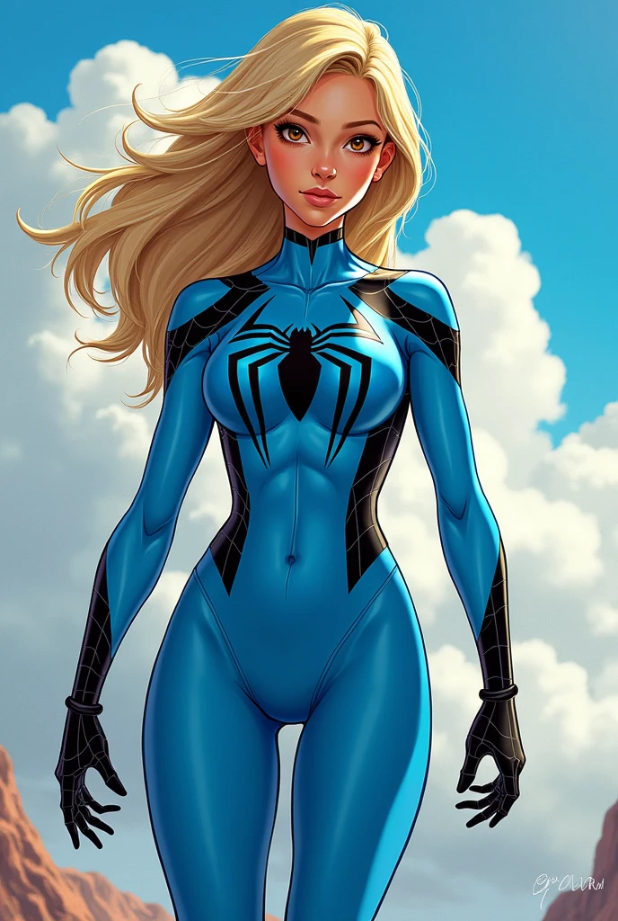 Spiderwomen in sky blue suit with black with spider lightning design, blonde hair, cinnamon brown eyes, very thin, small breasts and small hips, young teenager comic, Marvel