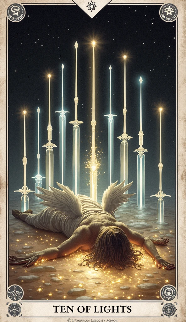 Create a hyper-realistic, emotionally intense image for the "Ten of Lights" card in the Lumen Angelis deck, drawing inspiration from the traditional Ten of Swords card in the Rider-Waite tarot. The scene should evoke a profound sense of finality, despair, and the inevitable transition from one phase to another, elevated to a celestial, otherworldly setting that resonates with the theme of the deck.
At the center of the image is a fallen angel, lying face down on an ethereal, luminous ground that seems to float in an endless, dark void. The angel's once-glorious wings are now tattered and dimmed, their feathers scattered around them like fallen leaves, symbolizing the loss of divine power and the weight of overwhelming burdens. The angel's body is twisted in a pose of defeat, with one arm stretched out towards the viewer, fingers clawing at the glowing ground as if in a final, desperate attempt to hold on.
Piercing the angel’s back are ten radiant beams of light, resembling swords, each one shining with a cold, harsh brilliance that contrasts sharply with the soft glow of the ground. These beams are not only sources of light but also conduits of immense energy, each one carrying intricate patterns of celestial symbols and runes that pulse with a powerful, almost menacing energy. The beams are perfectly aligned, creating a symmetrical pattern that adds to the sense of inevitability and finality. The light from the beams spreads outwards, casting long, dramatic shadows that stretch into the darkness beyond.
The background is a vast, starless void, emphasizing the isolation and hopelessness of the scene. However, just beyond the beams of light, faint traces of dawn begin to break through the darkness, suggesting that even in this moment of utter despair, there is the potential for a new beginning. The ground beneath the angel is made of glowing, crystalline shards, which reflect the beams of light in a dazzling array of colors, creating a stark contrast to the angel