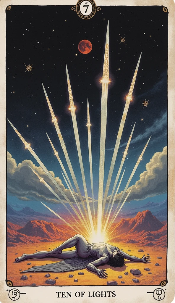 Create a hyper-realistic, emotionally intense image for the "Ten of Lights" card in the Lumen Angelis deck, drawing inspiration from the traditional Ten of Swords card in the Rider-Waite tarot. The scene should evoke a profound sense of finality, despair, and the inevitable transition from one phase to another, elevated to a celestial, otherworldly setting that resonates with the theme of the deck.
At the center of the image is a fallen angel, lying face down on an ethereal, luminous ground that seems to float in an endless, dark void. The angel's once-glorious wings are now tattered and dimmed, their feathers scattered around them like fallen leaves, symbolizing the loss of divine power and the weight of overwhelming burdens. The angel's body is twisted in a pose of defeat, with one arm stretched out towards the viewer, fingers clawing at the glowing ground as if in a final, desperate attempt to hold on.
Piercing the angel’s back are ten radiant beams of light, resembling swords, each one shining with a cold, harsh brilliance that contrasts sharply with the soft glow of the ground. These beams are not only sources of light but also conduits of immense energy, each one carrying intricate patterns of celestial symbols and runes that pulse with a powerful, almost menacing energy. The beams are perfectly aligned, creating a symmetrical pattern that adds to the sense of inevitability and finality. The light from the beams spreads outwards, casting long, dramatic shadows that stretch into the darkness beyond.
The background is a vast, starless void, emphasizing the isolation and hopelessness of the scene. However, just beyond the beams of light, faint traces of dawn begin to break through the darkness, suggesting that even in this moment of utter despair, there is the potential for a new beginning. The ground beneath the angel is made of glowing, crystalline shards, which reflect the beams of light in a dazzling array of colors, creating a stark contrast to the angel