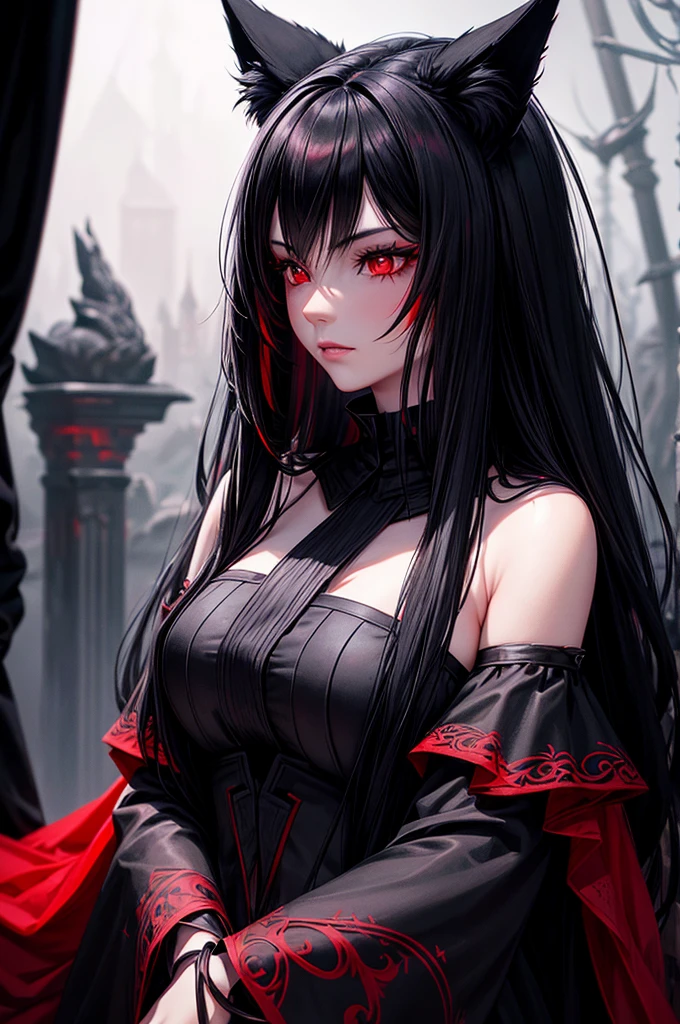beautiful girl with long black hair, red eyes, black fox ears and a black fox tail, wearing a black and red dress, hyperrealistic, highly detailed, 8k, photorealistic, intricate, cinematic lighting, dramatic lighting, moody atmosphere, warm color palette, cinematic pose, elegant, mystical, magical, fanciful, ethereal, fantasy art, dark fantasy