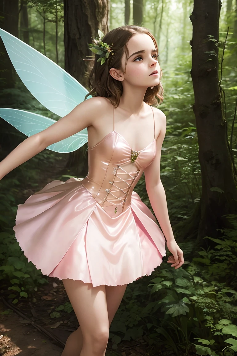 a beautiful teenager Emma Watson as a fairy in the forest. her vibrant, youthful features create a stunning juxtaposition of ethereal beauty. tight latex fairy dress, short dress, shiny wings.
