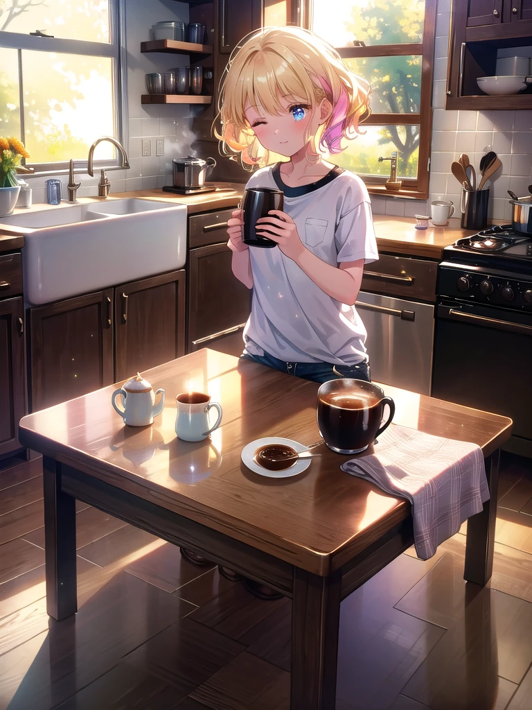 ((8k, Highest quality, masterpiece: 1.3)),Ultra-high resolution,(1 girl, alone), (Color changing eyes, Ultra-detailed, Expressive brilliance, Glitter, Glowing Eyes), Highly detailed eyes, Highly detailed face, Random Hair, ((pastel colour))A young girl with short, curly blonde hair sits at a small table in her kitchen, enjoying her morning coffee. She’s dressed in a casual T-shirt and shorts, her feet bare against the cool kitchen floor. The sunlight streams through the window, casting a warm glow on her face as she sips from her mug. Her expression is relaxed, her eyes slightly closed as she enjoys the quiet morning. The kitchen is neat and tidy, with a few dishes in the sink and a small vase of flowers on the table. The coffee cup is steaming, and the aroma fills the air, creating a peaceful start to the day.