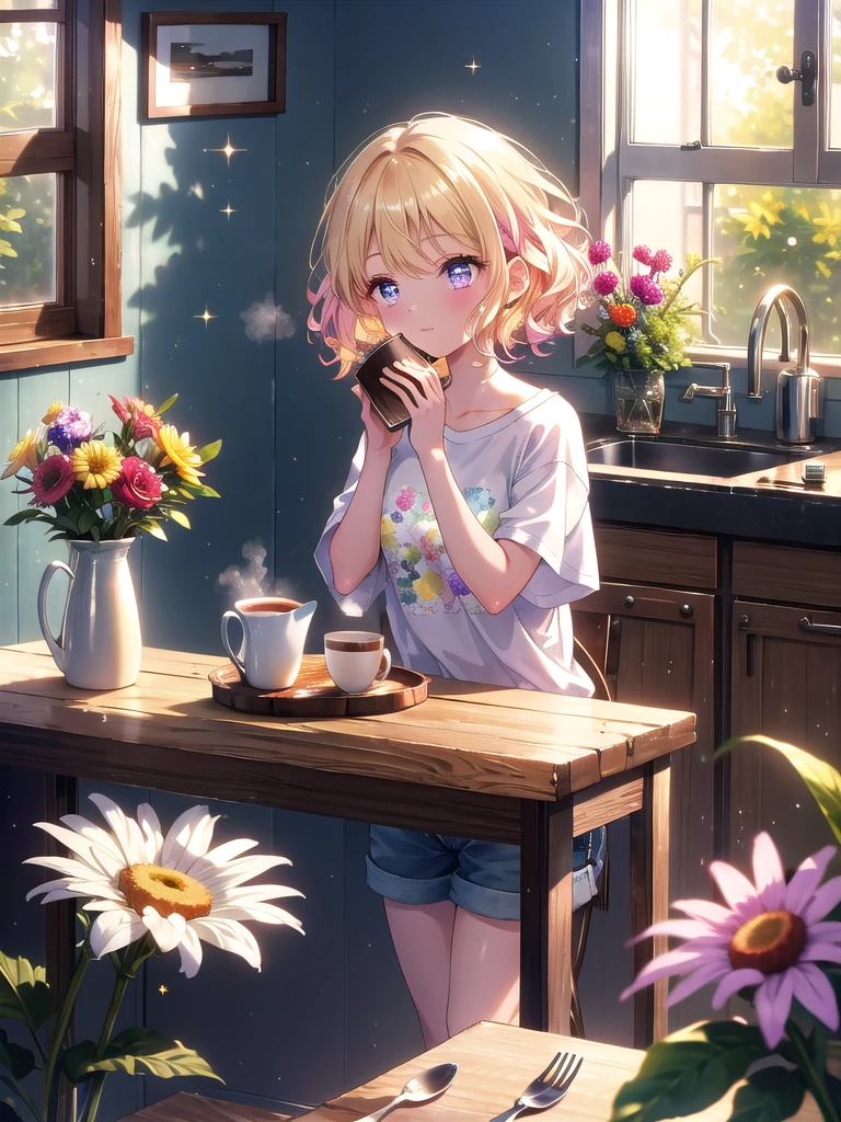 ((8k, Highest quality, masterpiece: 1.3)),Ultra-high resolution,(1 girl, alone), (Color changing eyes, Ultra-detailed, Expressive brilliance, Glitter, Glowing Eyes), Highly detailed eyes, Highly detailed face, Random Hair, ((pastel colour))A young girl with short, curly blonde hair sits at a small table in her kitchen, enjoying her morning coffee. She’s dressed in a casual T-shirt and shorts, her feet bare against the cool kitchen floor. The sunlight streams through the window, casting a warm glow on her face as she sips from her mug. Her expression is relaxed, her eyes slightly closed as she enjoys the quiet morning. The kitchen is neat and tidy, with a few dishes in the sink and a small vase of flowers on the table. The coffee cup is steaming, and the aroma fills the air, creating a peaceful start to the day.