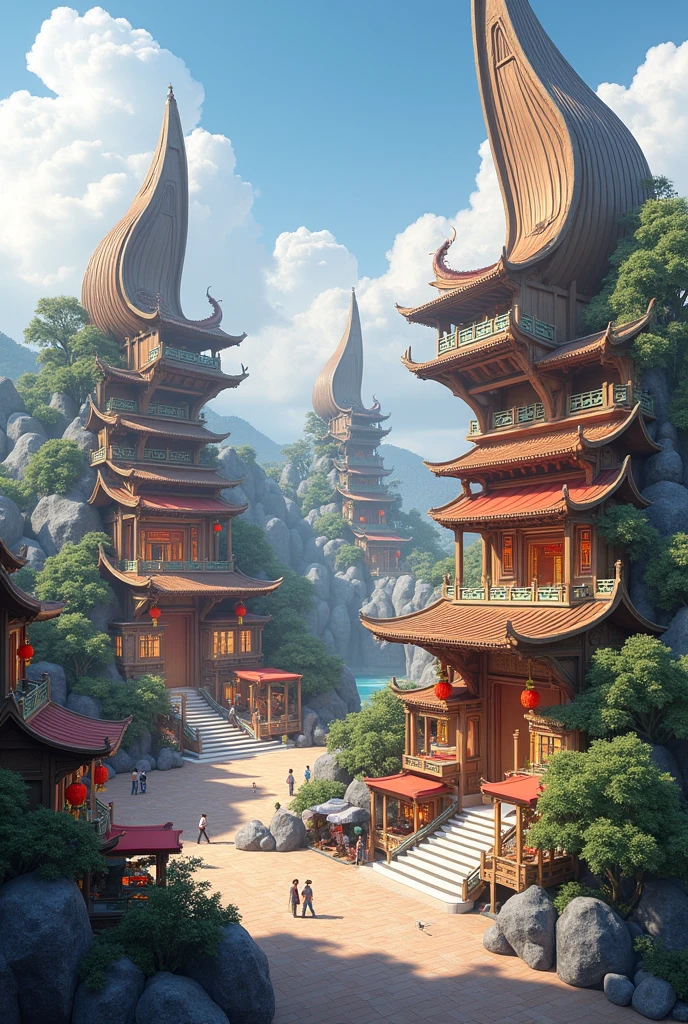Create an image of three architectural structures with the concept of "BOAT" on sloping ground. The use of the structures is to create a space for market squares 