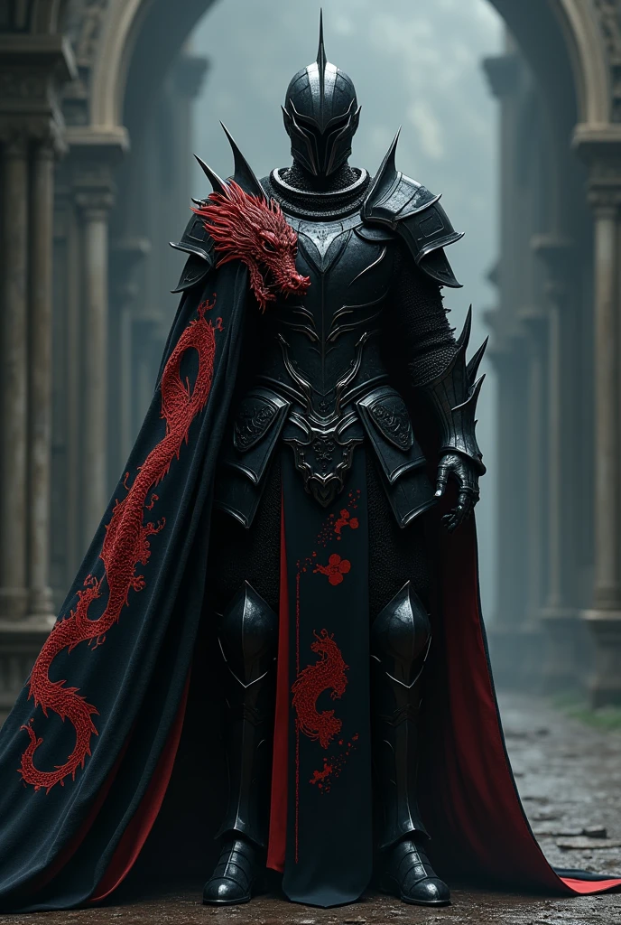 Knight in black gothic armor with a cape with a red Japanese dragon pattern