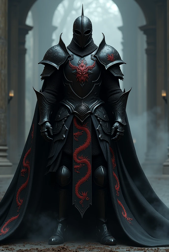 Knight in black gothic armor with a cape with a red Japanese dragon pattern