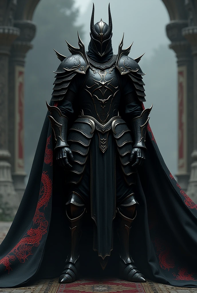 Knight in black gothic armor with a cape with a red Japanese dragon pattern