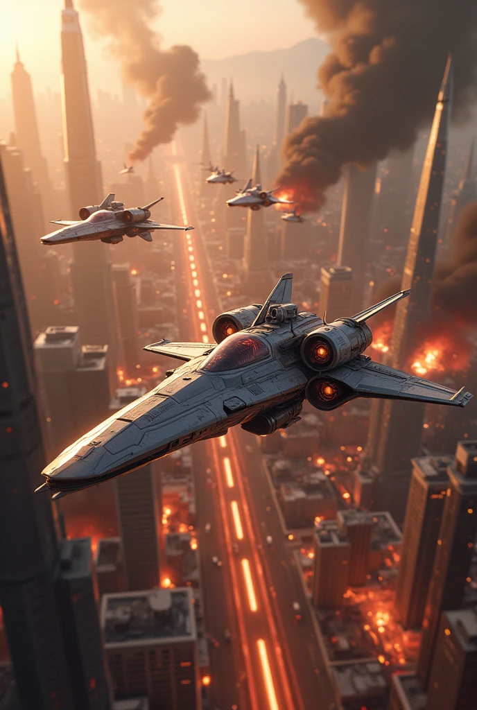 Battle of futuristic flying ships in a futuristic city on fire