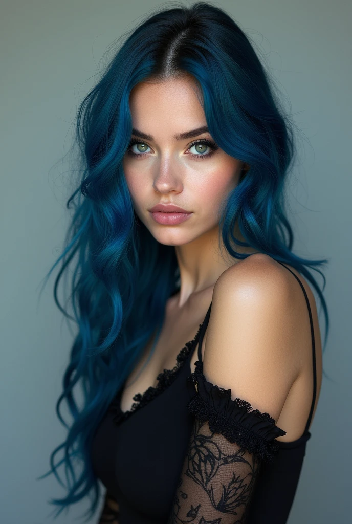 Full lenght, make a girl indistinguishable from reality, blue hair, narrow face, grey eyes, girl, 1, slim figure, almond-shaped eyes, button nose, full lips, european appearance, ultra highly intricate detailed, black eyeliner, over knee stockings, looking at the camera, professional photography, ultra sharp focus, very beautiful