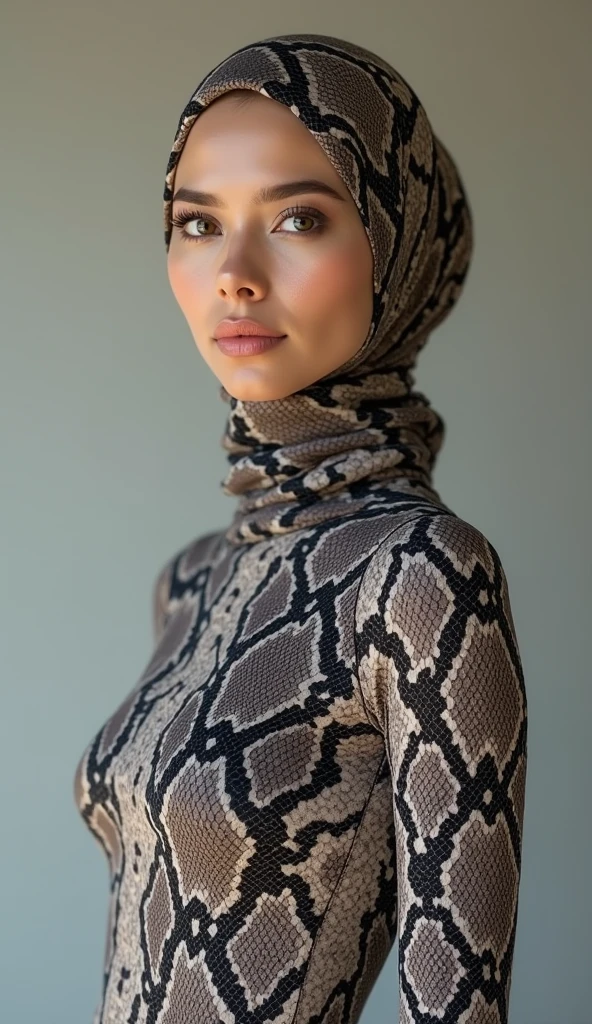 A thin and beautiful asian muslimah muslim woman with beautiful lips and beautiful cheeks wears snake print lycra turtleneck unitard catsuit.She always wear cotton snake print hijab.She is my favourite best beautiful teacher.