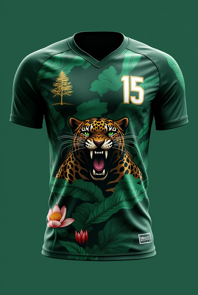 Dark Green Football Shirt Details :
The light green leaves spread across the entire shirt In the center of the front a growling jaguar and a Victoria Regia on the bottom left side In the upper right part a number 15 in white In the upper left part a small golden tree 