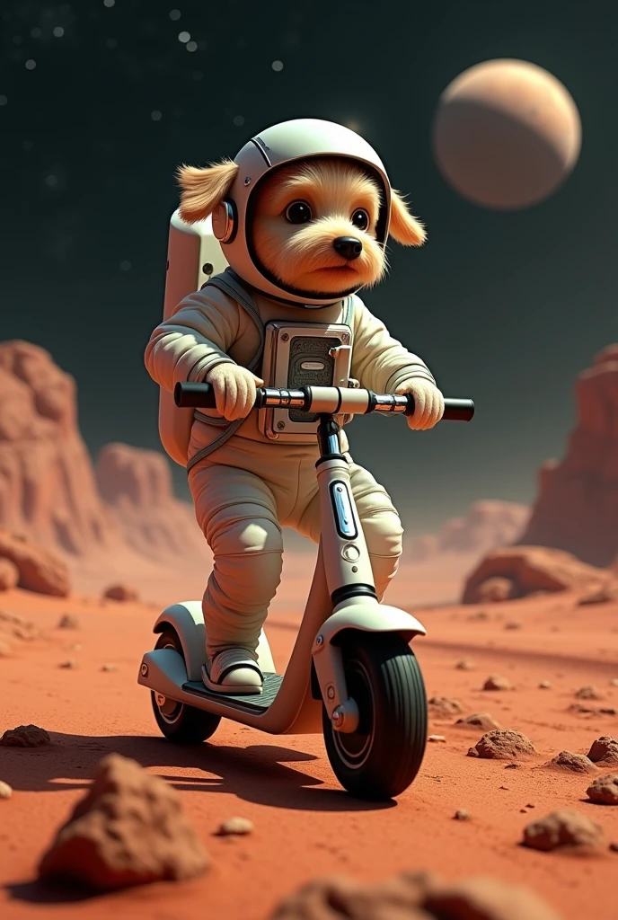 photo ultra realistic , astronaut dog invading mars on a scooter wearing city hall pants
