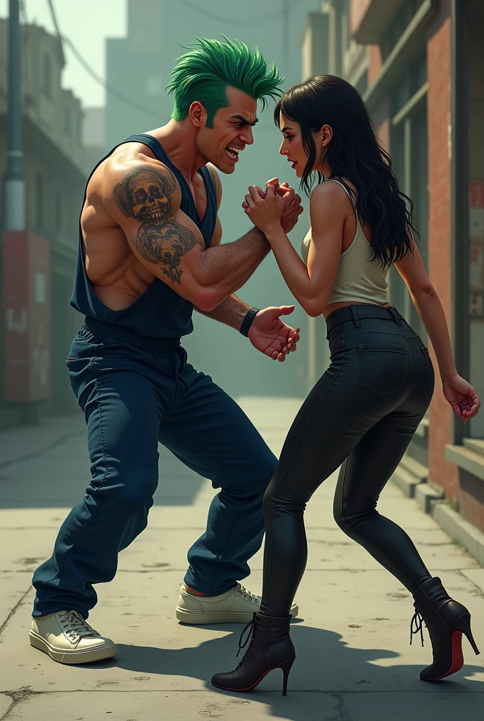 You can generate a man with a skull tattoo on his right shoulder,dyed green hair,Black muscle, Navy blue jumpsuit, White shoes. Who is stealing from a woman  .The thief must have an angry look and a feeling of despair while committing the robbery. 