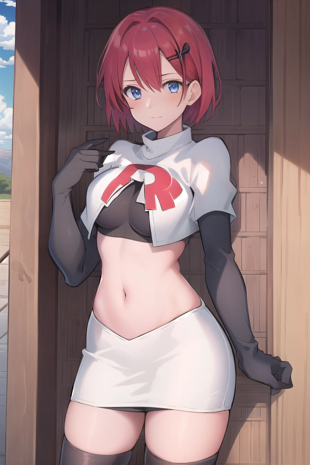 best quality, (masterpiece:1.2), illustration, absurdres, (1girl, solo, beautiful detailed girl),
Emily, short hair, red hair, hair ornament, hairclip, blue eyes, medium breasts,
garrison cap, team rocket,team rocket uniform,white skirt,red letter R,crop top,black thigh-highs,black elbow gloves,
field, sky, clouds, distant mountains,
looking at viewer, 