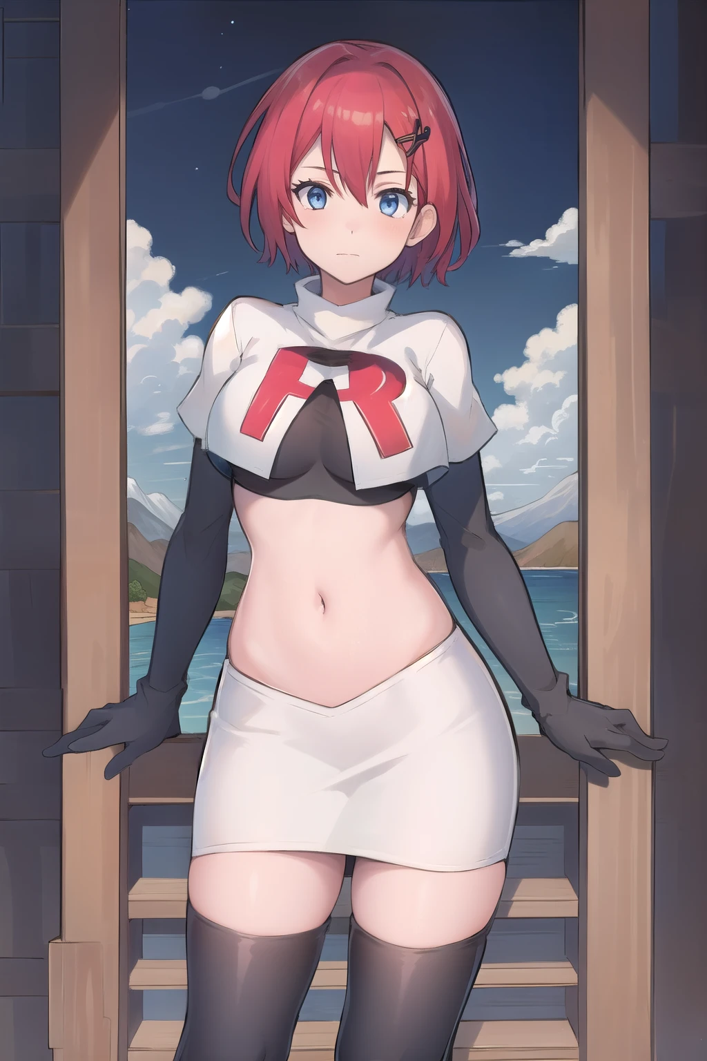 best quality, (masterpiece:1.2), illustration, absurdres, (1girl, solo, beautiful detailed girl),
Emily, short hair, red hair, hair ornament, hairclip, blue eyes, medium breasts,
garrison cap, team rocket,team rocket uniform,white skirt,red letter R,crop top,black thigh-highs,black elbow gloves,
field, sky, clouds, distant mountains,
looking at viewer, 