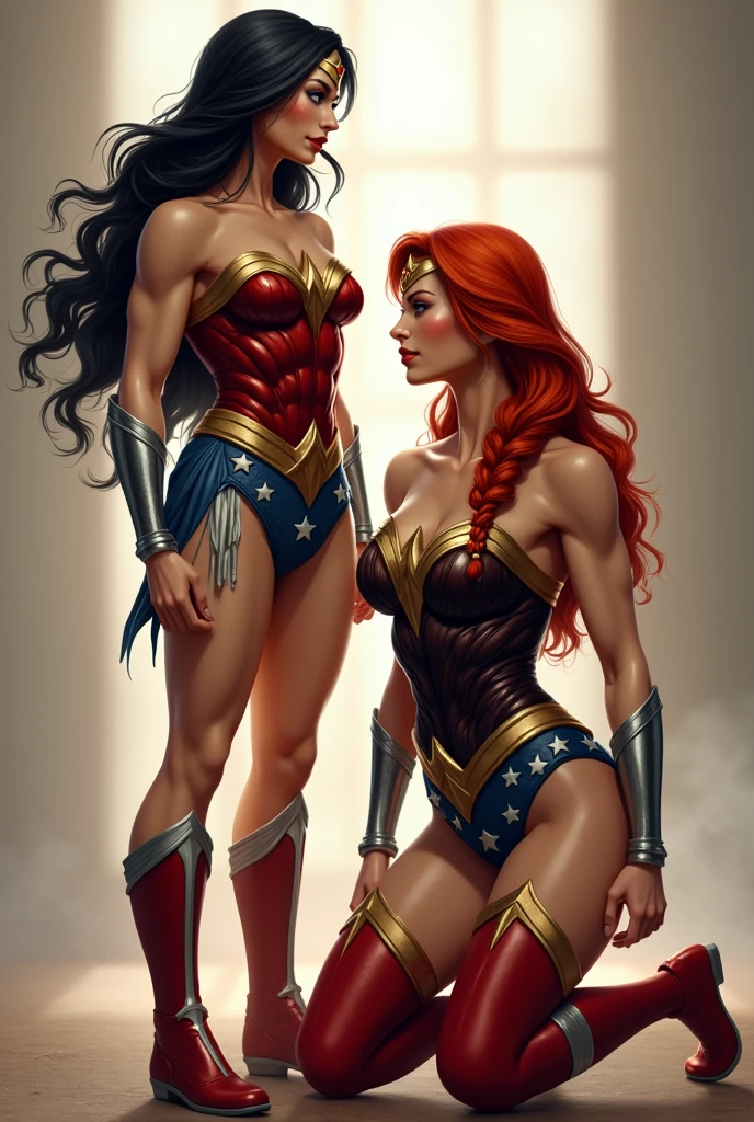 Two Wonder Women, one standing with long black hair in the original Wonder Woman outfit, athlete, muscular body, red knee high boots and silver bracelets, the other on her knees with long, red hair in a braid, athletic body, a black jumpsuit and red thigh high boots with gold trim, silver bracelets, Wonder Woman diaema
