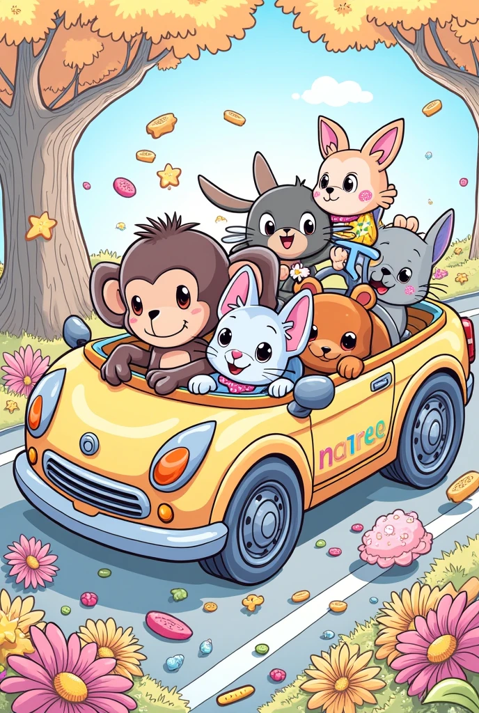 Animals inside a car for children to color