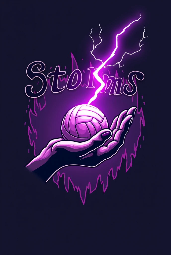 Uma logo de um time de volei feminino com o nome storms 💜 com a temática roxa uns raios roxos e uma mão segurando o raio mais delicado com uma bola de vôlei