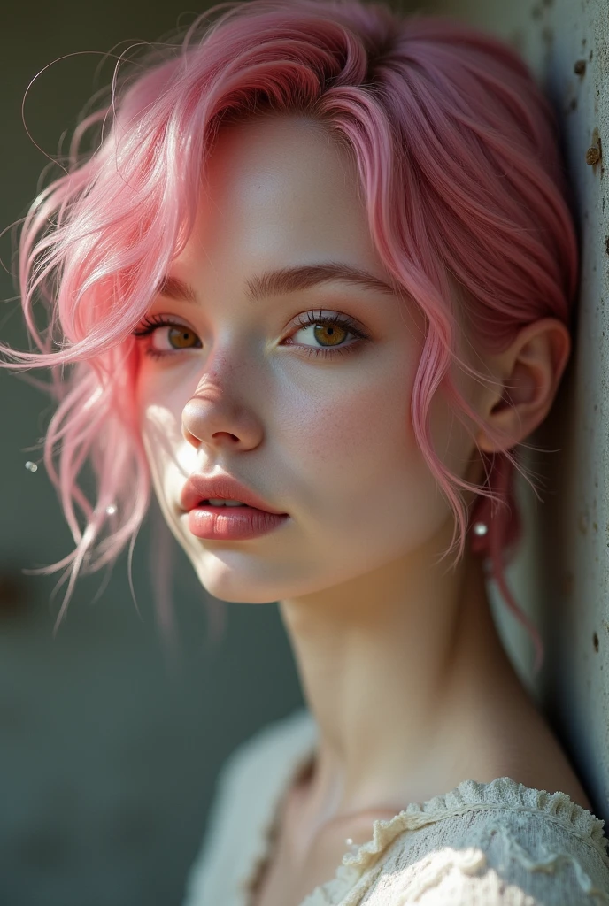 male, pale skin, pink emo hair, dark brown eyes, button nose, attractive, slender eyes, adult man, no facial hair, realistic
