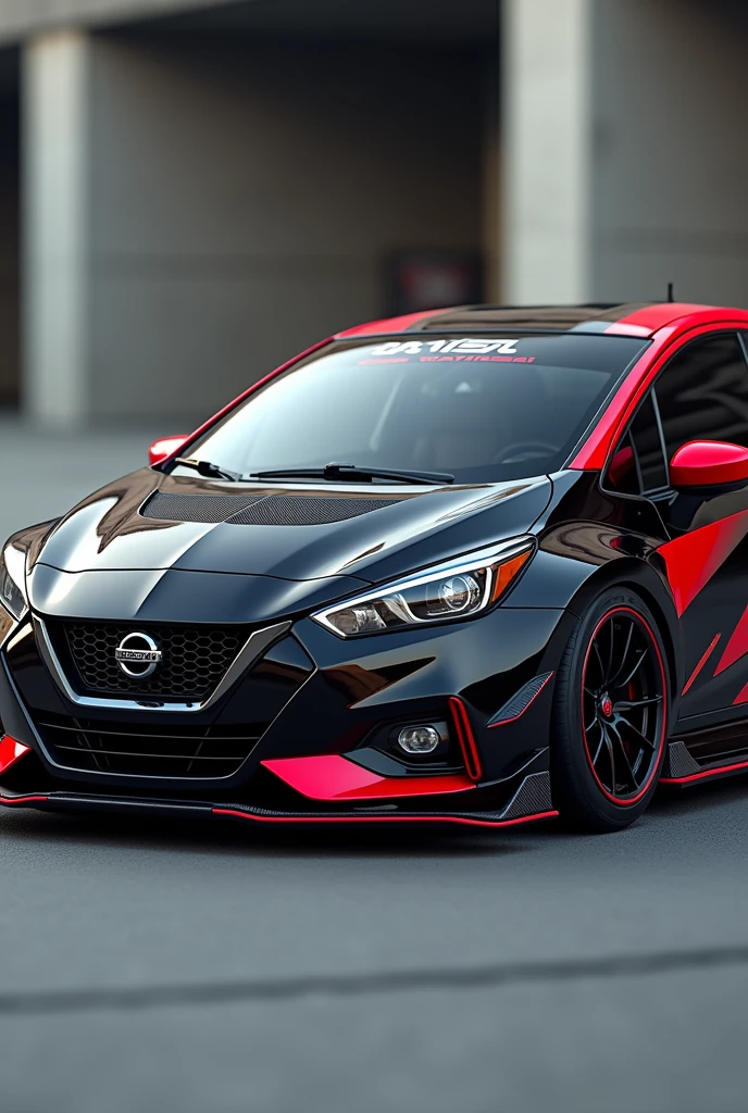 Old model Nissan Versa car with black and red color sporty style
