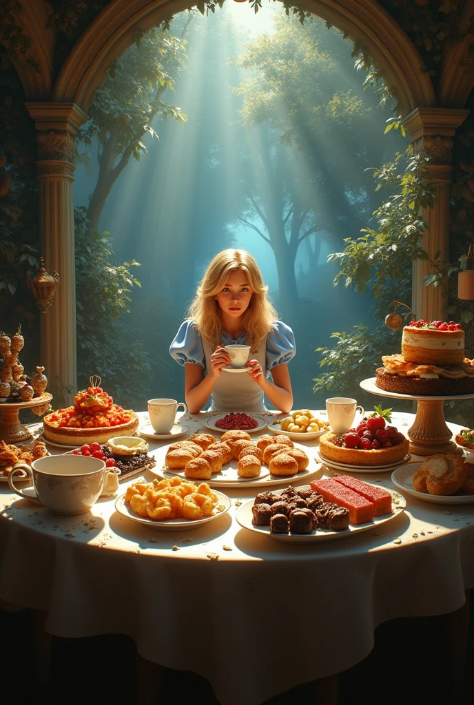 Alice in Wonderland sitting drinking tea at the table with lots of food in panoramic view based on shadows
