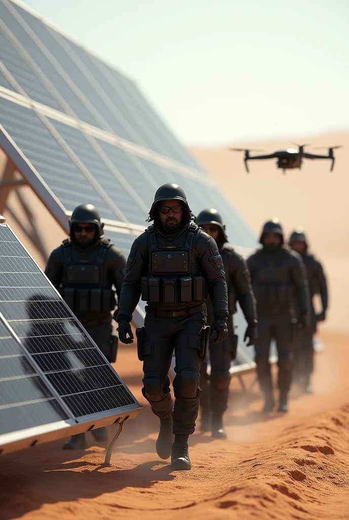 6 Man of 1.80 tall working in a desert location as a security guard wearing black tactical clothing coming out from behind with mass texture solar panels in front of them and a drone