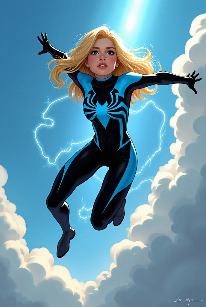 Spiderwomen in sky blue suit with black with spider lightning design, blonde hair, brown eyes, cinnamon, very skinny, small breasts and small hips, young teenage comic