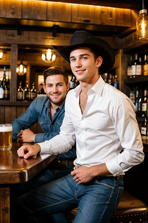 Young handsome cute beautiful skinny white face without cowboy shirt sitting next to a man dressed as a black millionaire cowboy in a dark bar serving beer
