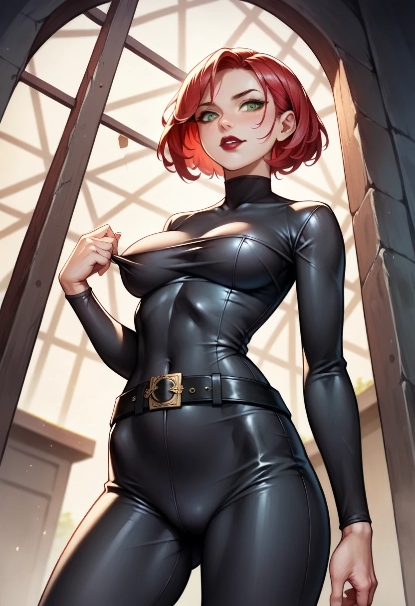 (high-level image quality), (high quality), (high resolution), (detailed), (masterpiece), beautiful woman, ((caucasian)), green eyes, red hair, short hair, dark red lipstick, slender body, perfect eyes, Detailed face, sexy black turtleneck, black leggings, black belt on the waist, portrait, down below, malicious face