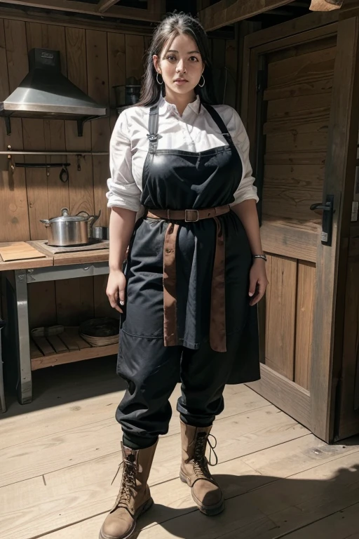 One female, Mr.々Hair style,, big ,Large Breasts,Plump,Sunburn,good,Firm, round, huge breasts,
A thick leather apron dyed black and worn to protect against dirt and scratches.,Under the apron you can see a simple white shirt, but the sleeves are rolled up due to the heat from working.,Work pants are made of durable canvas and are designed to protect against heat and metal fragments.,The knees are reinforced to withstand long hours of work.,A belt with a large iron buckle and sturdy work boots,He wears simple iron earrings in his ears, an item that symbolizes his pride as a blacksmith.,A pose just before placing both hands on the smith's table and smashing the iron,They have a concentrated look on their face and are fully focused on the task at hand.,In the background, newly completed swords and armor are neatly arranged.,