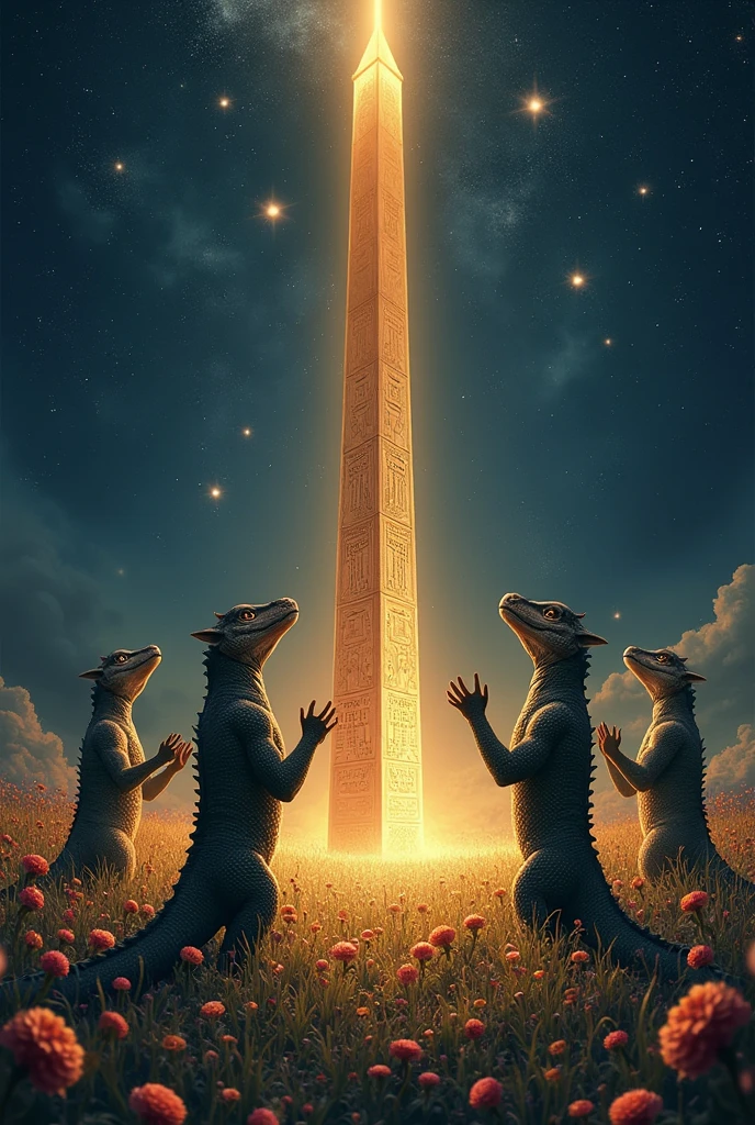 Tribe of reptilians look at the starry sky with their hands up. They are in a flowery field, and in the center there is an obelisk that throws a beam of yellow light into the sky 