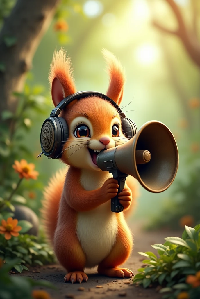 Horned squirrel wearing headphones and speaking into megaphone
