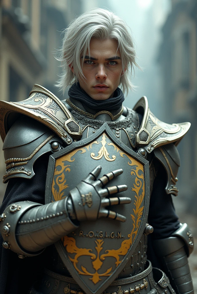 Surreal　Very detailed　Ultra Fantasy　Ultimate Details　Ultra-high resolution　8K 32k 3D 　Clear Eyes　Silver髪　　In his left hand he holds a magnificent medieval shield　mechanical engineering　Mechanic Art　　R on Shield .or.S.It is.S.g.sup.N nameplate included.　intricate and elaborate design, money, Silver　Dynamic pose　Robotics　Cinema Lighting　 information
