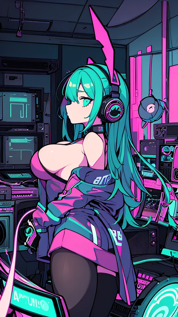 Best quality, (masterpiece), best detail face,1 girl, big breasts, 18 yo, 8k,absurdres,unity 8k wall paper,(extremely detailed:1.3), highest realistic, (retro headphones:), (soft neon light:), (psychedelic), Her room full of music equipment and records, sports wear , See the whole room , dark green color pallet, (side view)
