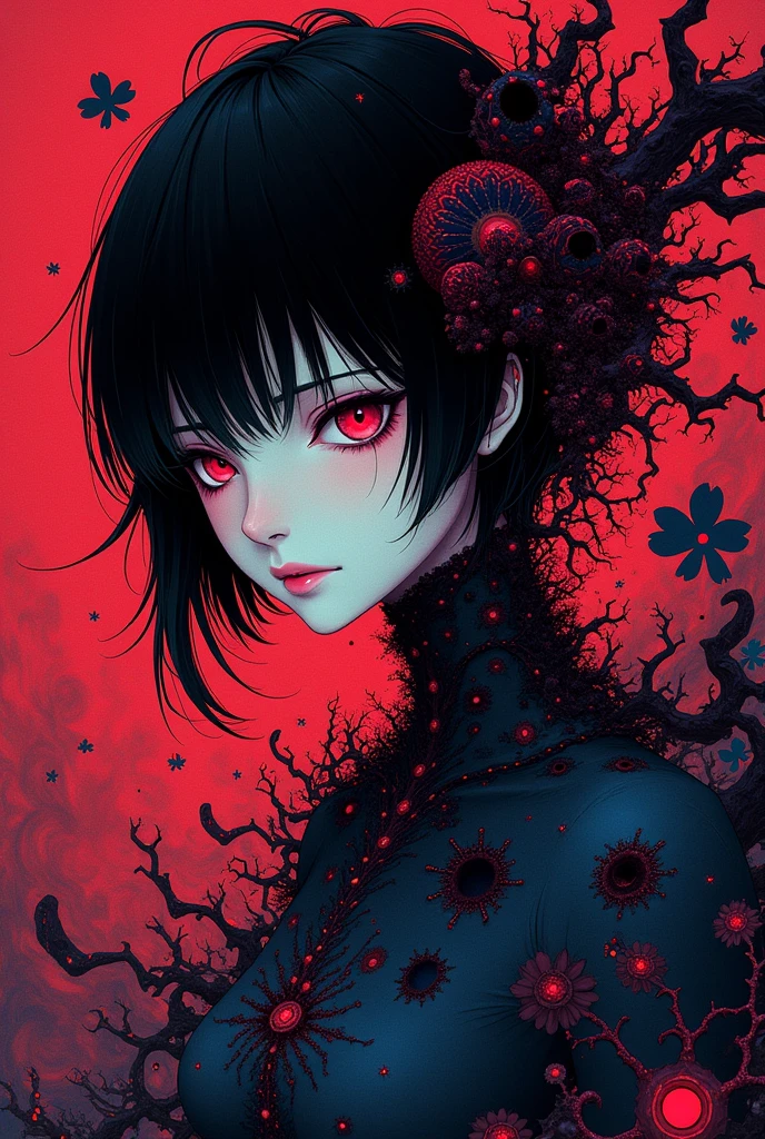 (abstract art:1.2), fractal art, psychedelic art, (style of Yuko Shimizu:1.1), red theme, dark theme, 1girl, roses, hair ornament, somber expression, dark blue accent, masterpiece, best quality, ultra high res, award-winning art, highly detailed, beautiful, aesthetic, ((Nezuko Komado)), black hair, red highlights, ((pink eyes)), surreal, wild imagination, moody, dark, evil, 
