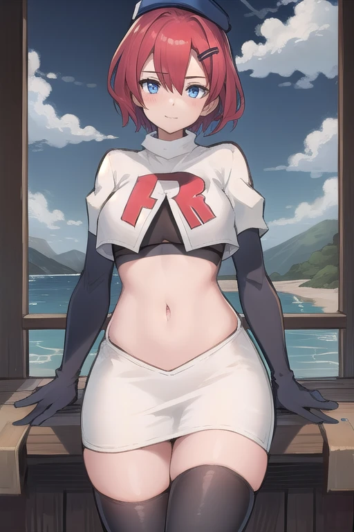 best quality, (masterpiece:1.2), illustration, absurdres, (1girl, solo, beautiful detailed girl),
Emily, short hair, red hair, hair ornament, hairclip, blue eyes, medium breasts,
garrison cap, team rocket,team rocket uniform,white skirt,red letter R,crop top,black thigh-highs,black elbow gloves,
field, sky, clouds, distant mountains,
looking at viewer, 