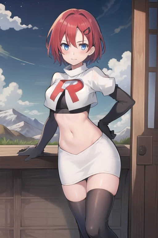 best quality, (masterpiece:1.2), illustration, absurdres, (1girl, solo, beautiful detailed girl),
Emily, short hair, red hair, hair ornament, hairclip, blue eyes, medium breasts,
garrison cap, team rocket,team rocket uniform,white skirt,red letter R,crop top,black thigh-highs,black elbow gloves,
field, sky, clouds, distant mountains,
looking at viewer, 