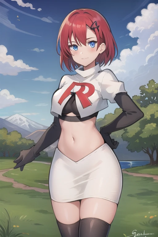 best quality, (masterpiece:1.2), illustration, absurdres, (1girl, solo, beautiful detailed girl),
Emily, short hair, red hair, hair ornament, hairclip, blue eyes, medium breasts,
garrison cap, team rocket,team rocket uniform,white skirt,red letter R,crop top,black thigh-highs,black elbow gloves,
field, sky, clouds, distant mountains,
looking at viewer, 