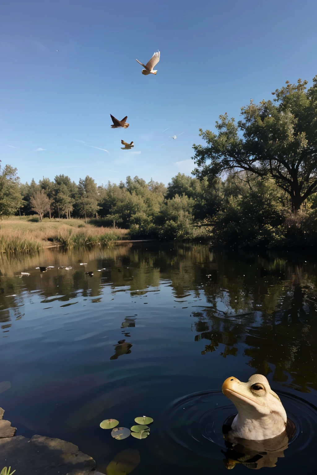 Frog staring at a eagle flying in the sky frog is in the pond