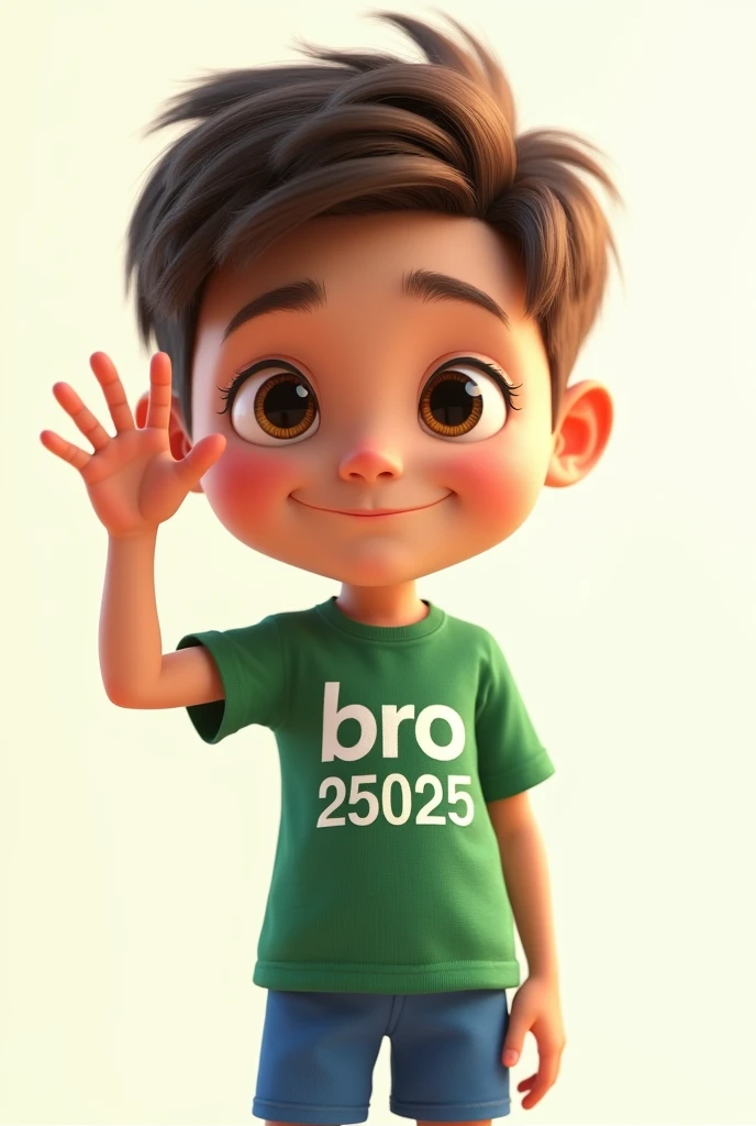 a character waving his right hand, giving a hyper-realistic goodbye, 1 boy, small detailed black eyes, beautiful big lips, extremely detailed face, large and conical chin, brown hair, green t-shirt with the name BRO and below the name BRO the number 25025 printed, blue pants, knee-high socks, football player style, intricate details, volumetric lighting, dramatic chiaroscuro, cinematic lighting, award-winning digital art, masterpiece, high quality, 8k, photorealistic, studio lighting, physically based rendering, vibrant colors, warm color palette, pixar style, Disney. white background, maintain the characteristics of the seed character 
2134937326